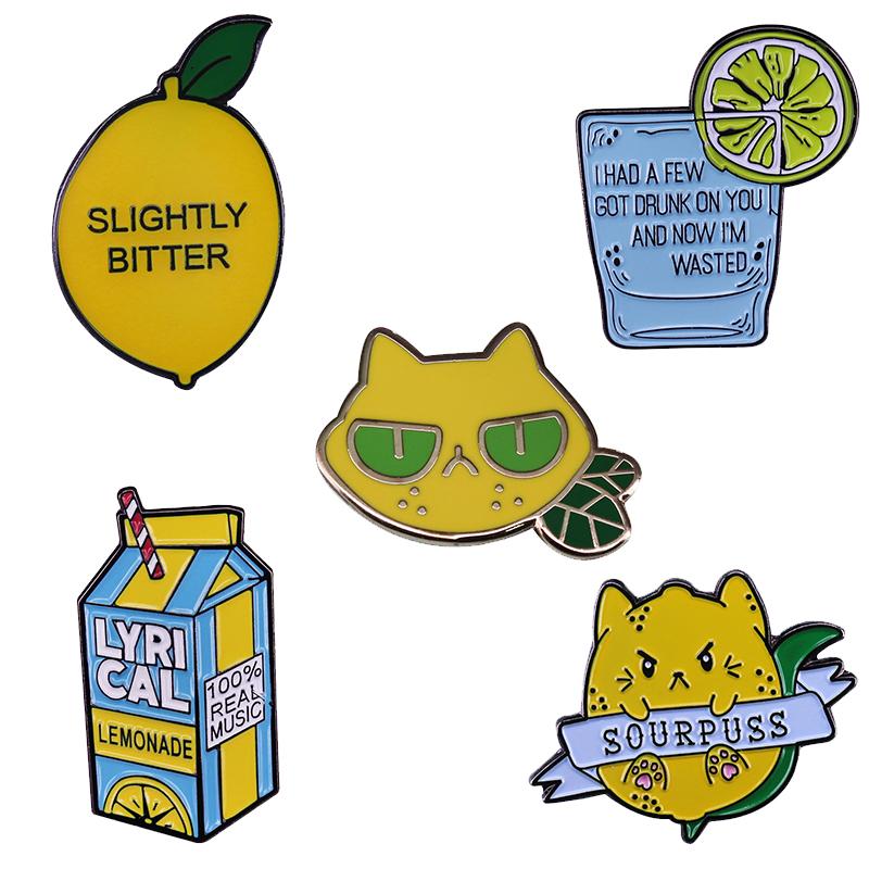 Pins, Brooches Lemon Enamel Pin Collection Sourpuss Lemons Cat Slightly Bitter Lemonn Internet Money Lemonade Yellow Fruit Soda Drink