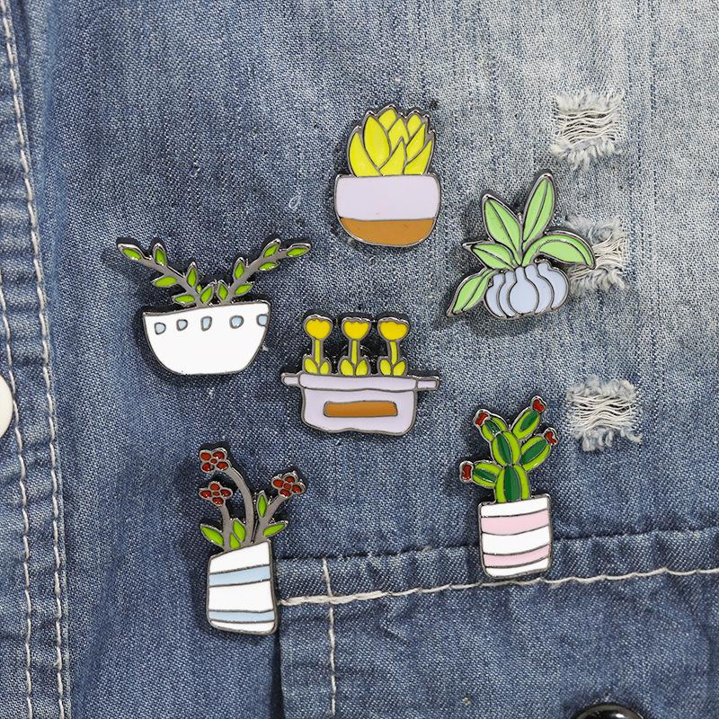 Pins, Brooches Enamel Green Plant Tree Branch Potted Pins Succulents Cactus Cartoons Lapel Shirt Badge Trendy Backpacks Jewelry
