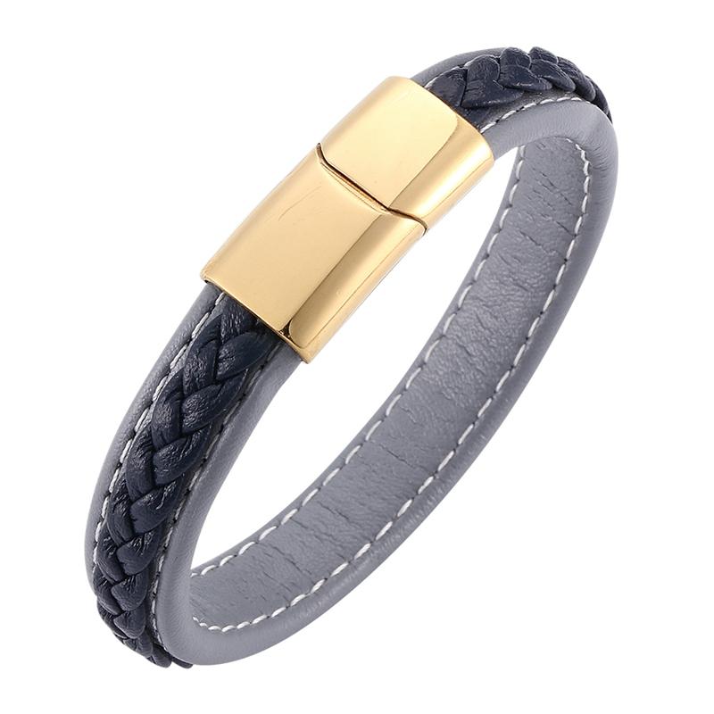 Charm Bracelets Men Jewelry Braided Leather Bracelet Gold Color Stainlees Steel Jewellery Bangles Male Gift BB0213