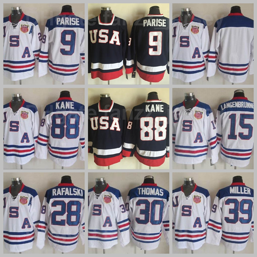 2010 Team USA Hockey Vintage 9 Zach Parise Jersey 88 Patrick Kane 81 Phil Kessel Brian Rafalski Ryan Miller Jamie Langenbrunner Tim Thomas