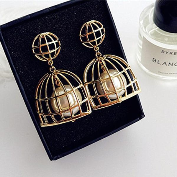 Dangle & Chandelier Women Earrings Jewelry Fashion Gold Long Big Pearls Pendientes Mujer Moda Brincos Boucle D&#039;Oreille Femme Birdcage E