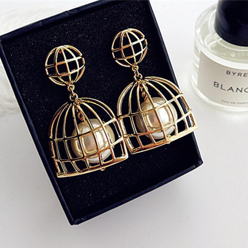 Dangle & Chandelier Women Earrings Jewelry Fashion Gold Long Big Pearls Pendientes Mujer Moda Brincos Boucle D&#039;Oreille Femme Birdcage Earrin