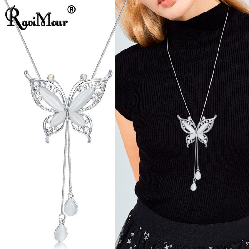 Pendant Necklaces RAVIMOUR Choker Necklace For Women Opal Stone Big Butterfly Collier Femme Fashion Jewelry Korean Long Chain Kolye Gift Gir