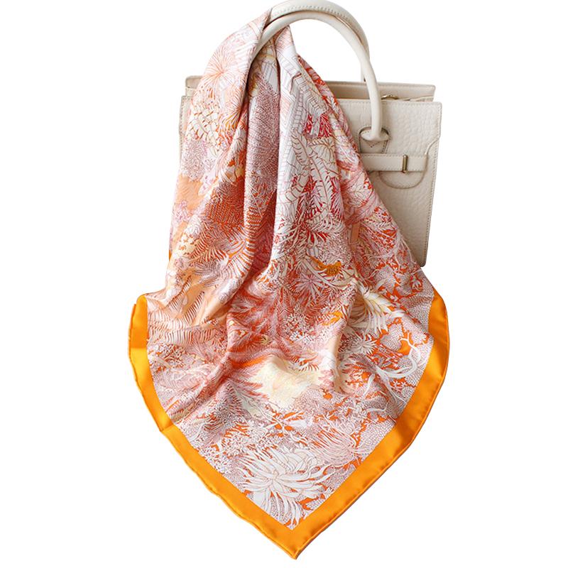 Scarves Luxury 100% Twill Silk Scarf Women Fashion Forest House Square Shawl Stole Head Neck Hijab Bandana Headscarf 90*90cm