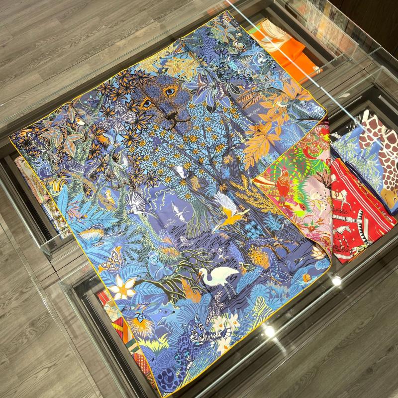 Scarves 90cm Double-sided Manual Fine Curling 100% Real Silk Scarf Jungle Natural Square Shawl Women Hijab Bandana Kerchief Beach Towel