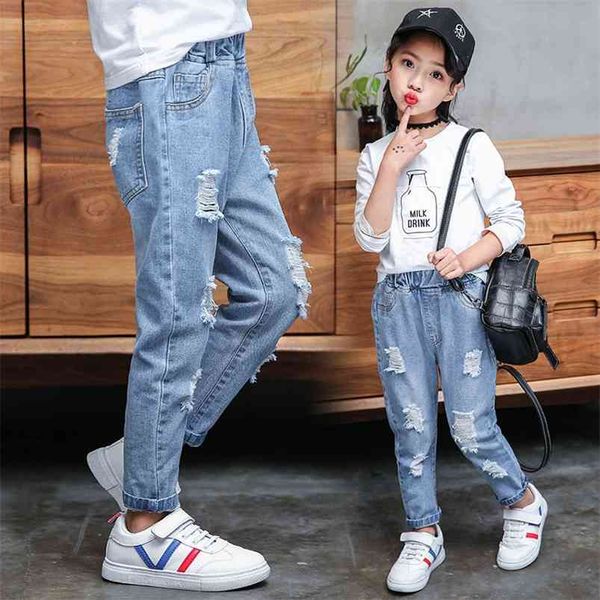 Jeans Baby Girl Cotton Hole Pants Fashion Autumn Light Blue Trousers Teenage School Girls Clothing Ripped for Kids 210622