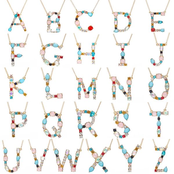 26 Letter Pendant Necklaces for Women Gold Metal Crystal Letters Necklace A-Z Jewellery Gift