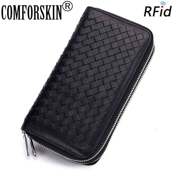 Classic Wallets Comforskin Sheepskin Double Compartment Men Purses Genuine Leather Rfid Protection Knitting Multi-card Bit Card