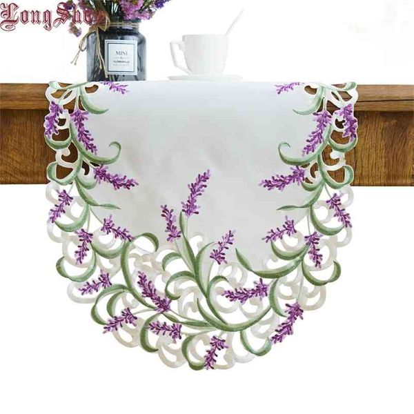 Home Decorative Beige Color Handmade Satin Cutwork Embroidered TV Stand Cabinet Cover Creative Lavender Lilac Oval Table Runner 210708