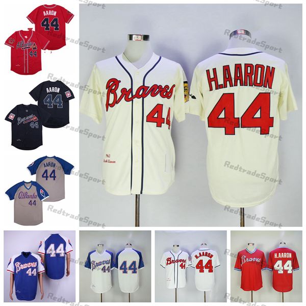 Vintage 1963-1974 Baseball Jerseys Hank Aaron 44 H.Aaron Blue Shirts ed White Grey Red Mens Jersey