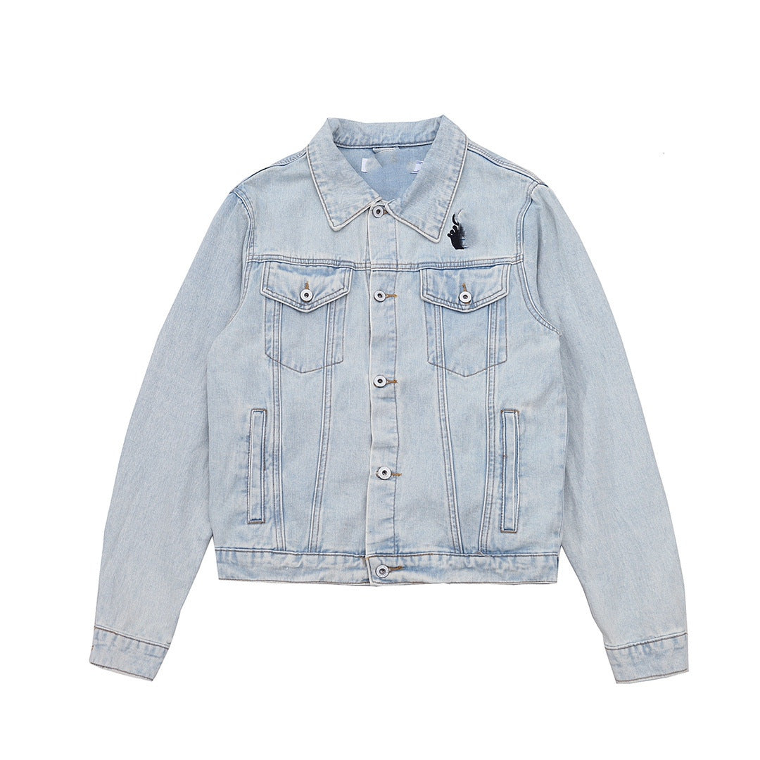 Off Mona Lisa Washed Old Denim Jacket Loose and Versatile High-end Hip Hop Hot Drill Stitching