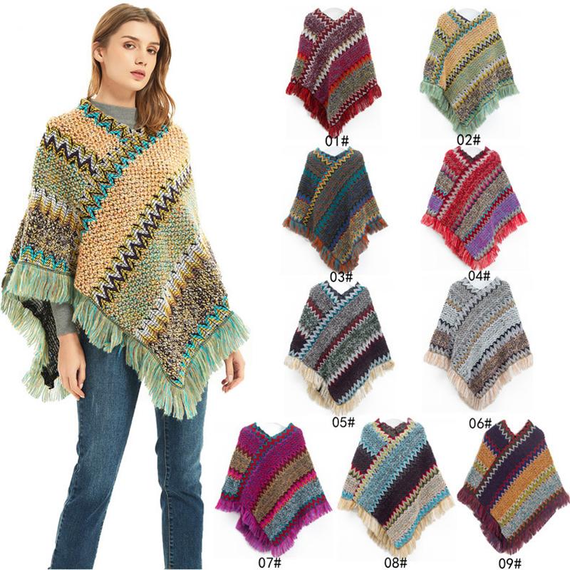 Scarves Women Poncho Capes Autumn 2021 Female Fashion Bohemian Ponchos Cloak Tassel Travel Winter Pullover Shawl Wraps Bufanda Mujer