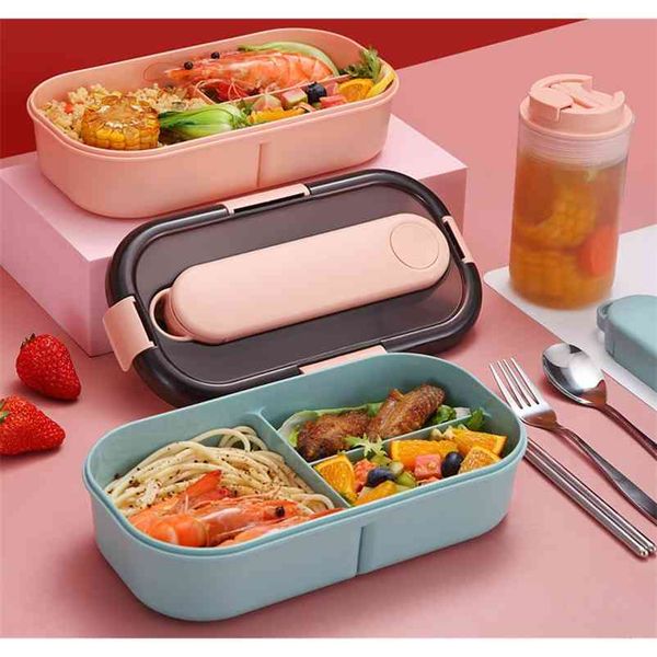 Lunch Box For Kids School Plastic Microwave Bento Box With Compartment Tableware Leak-Proof Food Container Box 210818