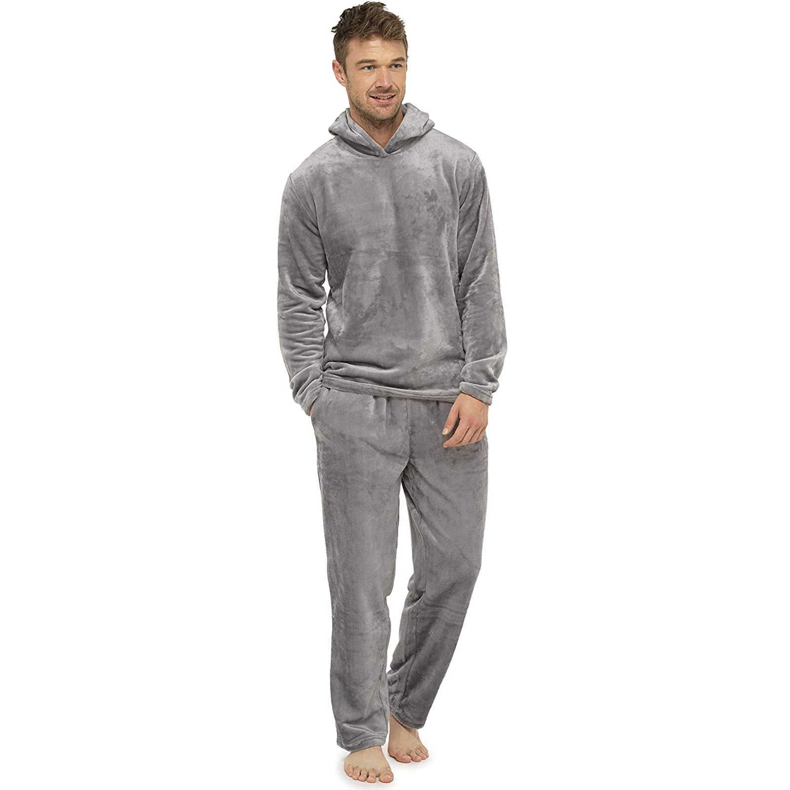 Men Plush Teddy Fleece Pajamas Winter Warm Pyjamas Overall Suits Plus Size Sleepwear Daily Hooded Pajama Sets For Adult Men F4 H0825