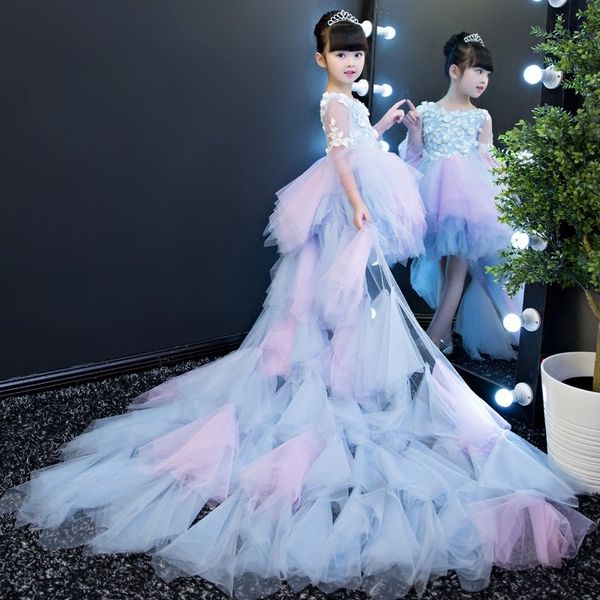 2021 Cute Flower Girl Dresses for Wedding High Low 3D Floral Appliques Tiered Skirts Girls Pageant Dress A Line Kids Birthday Party Gowns