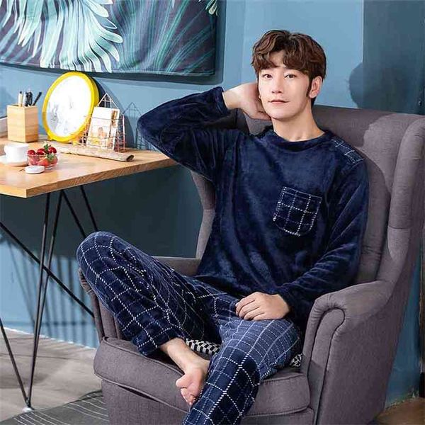 Winter Long Sleeve Thick Warm Flannel Pajama Sets for Men Coral Velvet Sleepwear Suit Pyjamas Lounge Homewear Home Clothes 210901