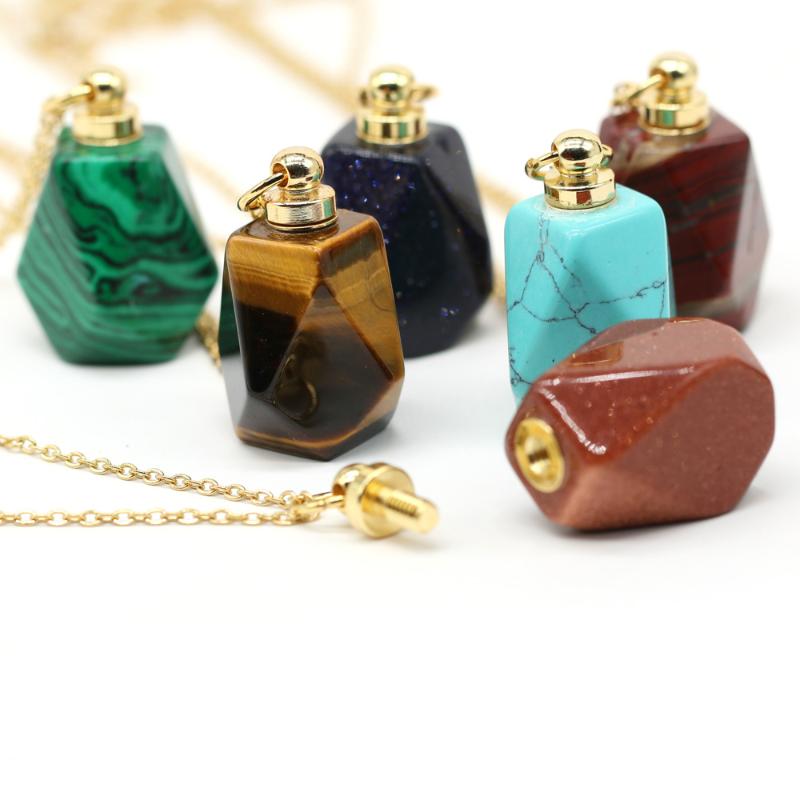 Pendant Necklaces Natural Perfume Bottle Crystal Stone Necklace Agates Malachite Essential Oil Diffuser Charm Copper Chain Jewelry Gift