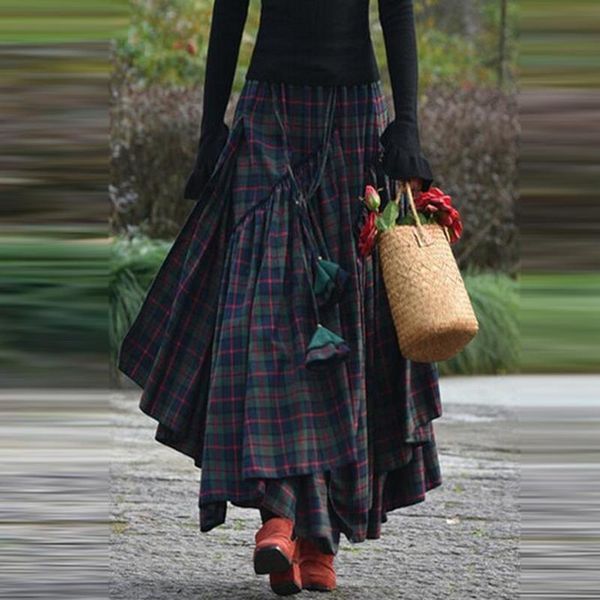 Skirts Womens Asymmetrical Long Maxi Skirt Fashion Women Loose Plaid Print Fringe Irregular Waiste