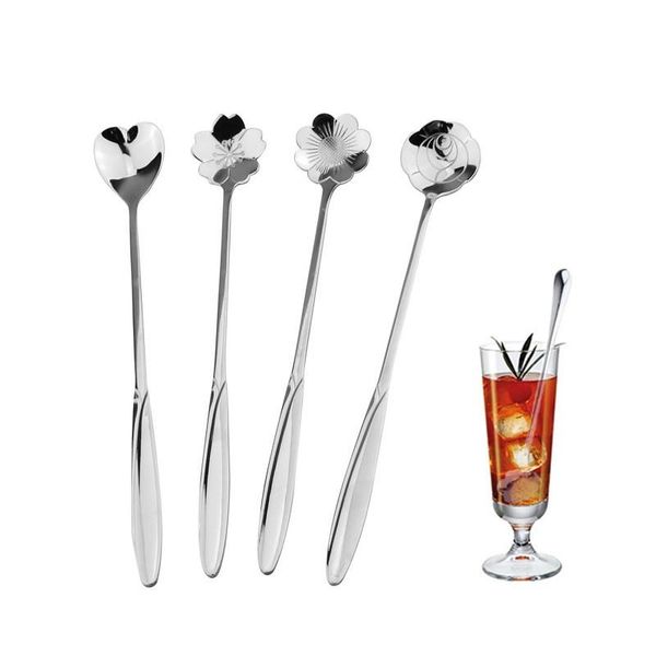 4Pcs - Set Long Handle Flowers Shaped Stirring Spoons stainless Steel Flatware Ice Tea Dessert Spoon Dinnerware Kitchen Accessories