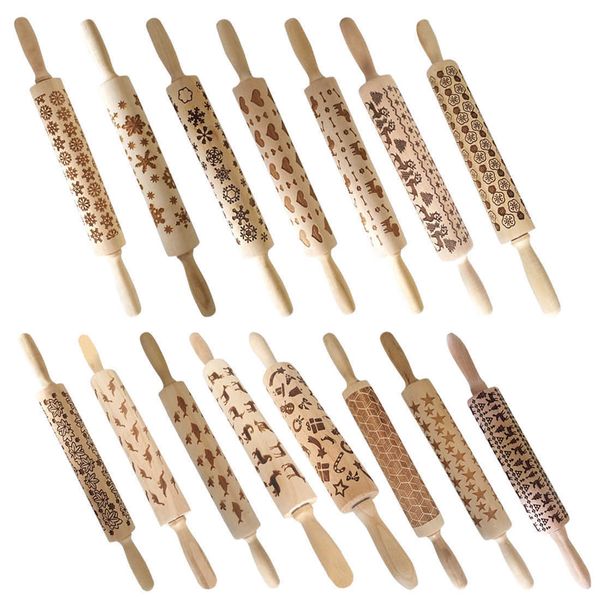 Christmas Embossing Rolling Pin Baking Biscuit Cookies Fondant Cake Pasta Noodles Engraved Roller Reindeer Snowman 211008