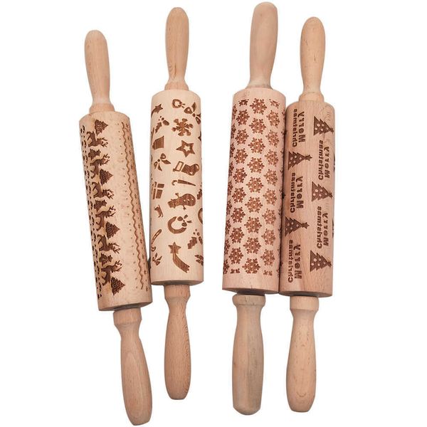 Christmas Engraved Roller Reindeer Snowflake Embossing Rolling Pin For Cookies Tools Noodle Biscuit Fondant Cake Printing Mold 211008