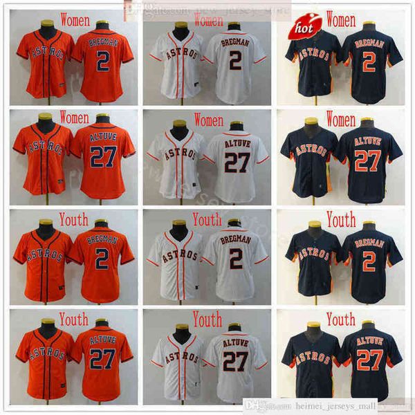 2022 News Seasons Women Youth Baseball 27 Jose Altuve Jerseys Kids Stitched 2 Alex Bregman White Blue Orange Jerseys