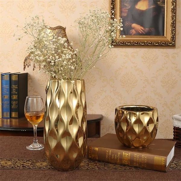 Nordic ceramic vase golden big mouth flower arrangement living room craft decoration dried pot fish 211215