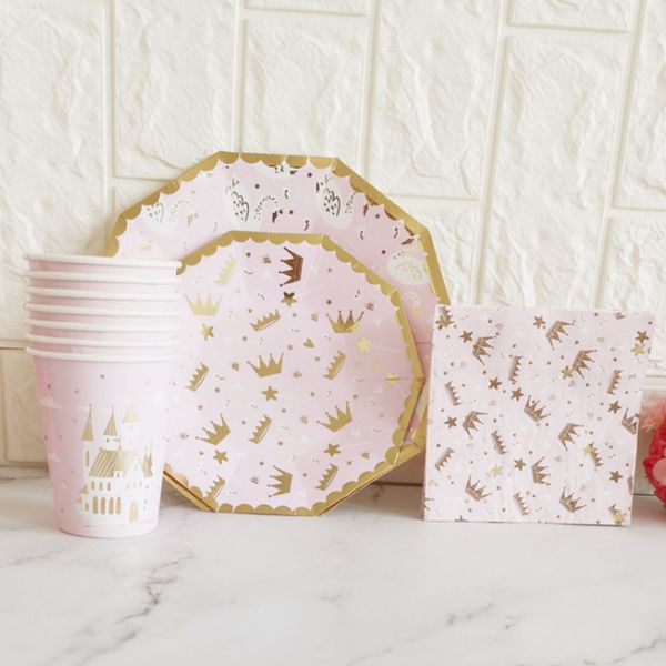 Pink Crown Paper Cups Plates Napkins With Castle Swan Disposable Decagon Paper Tableware For Party Cake Wedding Birthday Banquet Decoration