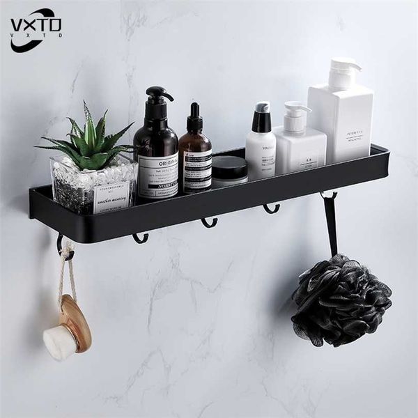 Bathroom Black Shelf with Towel Bar Space Aluminum Shelves Rack Hook Shampoo Holder Kitchen Storage 30-60 cm 211102