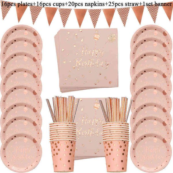 50pcs-set Rose Gold Party Birthday Disposable Tableware Set Paper Straw Plates Cups Napkins Adult Birthday Party Decoration Kids Y1104