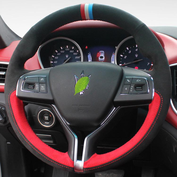 For Maserati Ghibli Quattroporte Levante Red Auto Alcantara Steering Wheel Cover Suede Hand-stitch Hand Grip Car Accessories