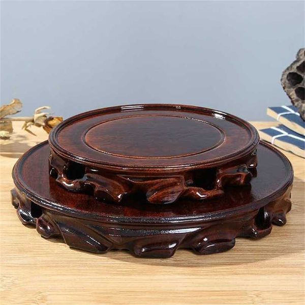 6-30cm Diameter Real Solid Wood Carving Vase Base Stone Buddha Incense Flowerpot Teapot 211108