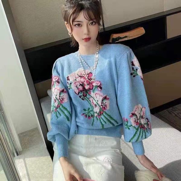 Tops Designer feminino New Autumn e Winter Sweater Carta de moda de ponta Jacquard Bubble Sleeve Top Design Clothing