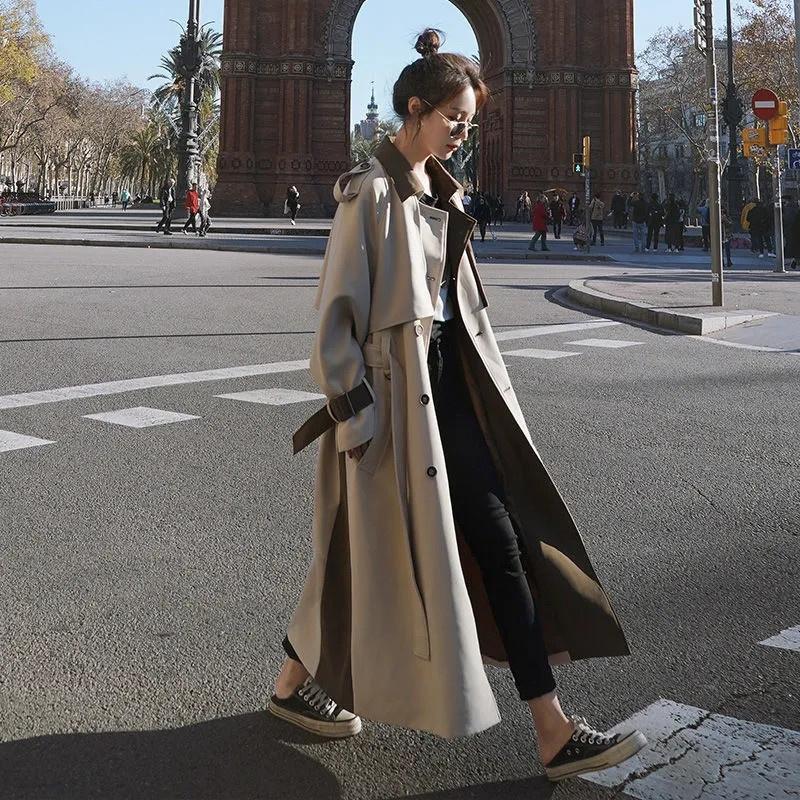Women&#039;s Trench Coats Autumn Winter Fashion Chic Women Coat Casual Long Outerwear Loose Overcoat Double-breasted Windbreaker Femme Y749