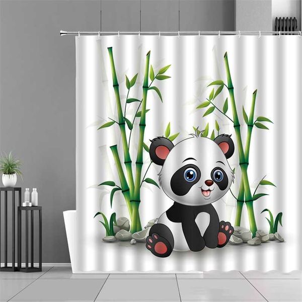 Cartoon Panda Shower Curtain Cute Animals Pandas Green Bamboo Plants Print Bath Curtains Children Room Bathroom Decor Waterproof 211116