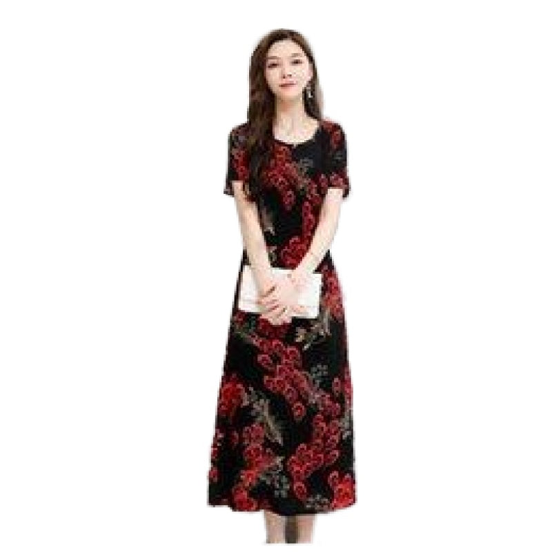 Summer Women Dress 2021 Slim Casual O-Neck Beach Short Sleeve Long Floral Print Skirts Plus Size