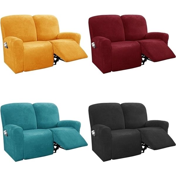 1 2 Seater Recliner Sofa Cover Stretch Velvet Lounger Armchair Slipcover Couch Covers Furniture Protector Elastic Side Pocket 211116