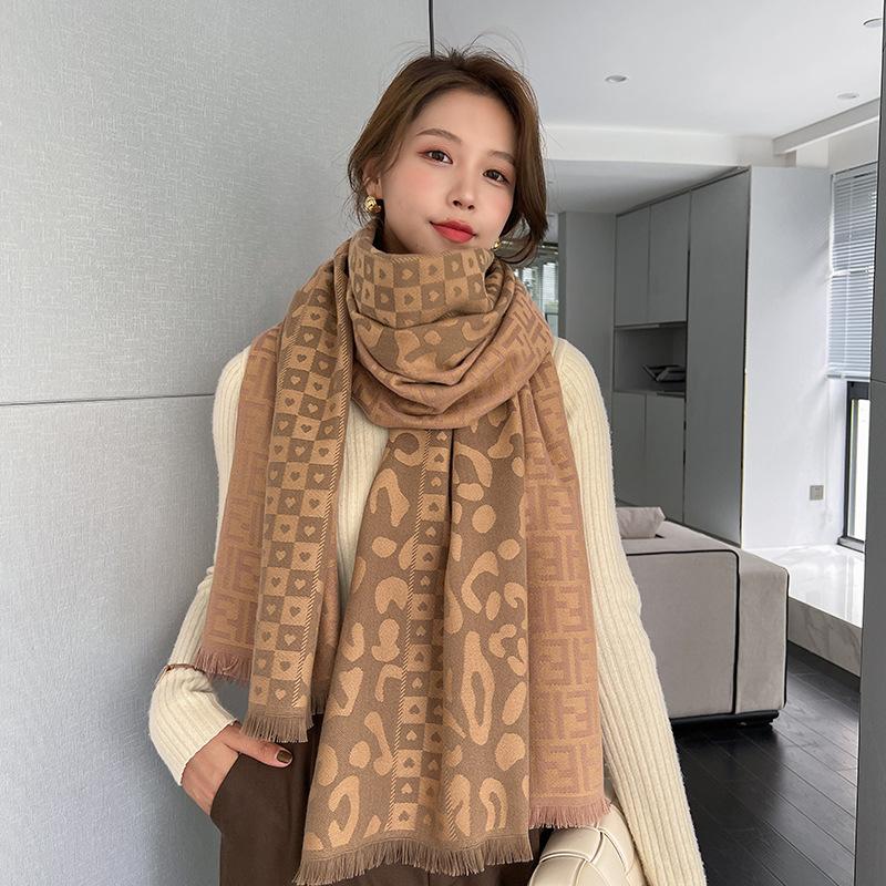 Scarves Women&#039;s Scarf Leopard-print Heart Short Beard Widened Warm Long Shawls Winter Thickened Tassel Neck