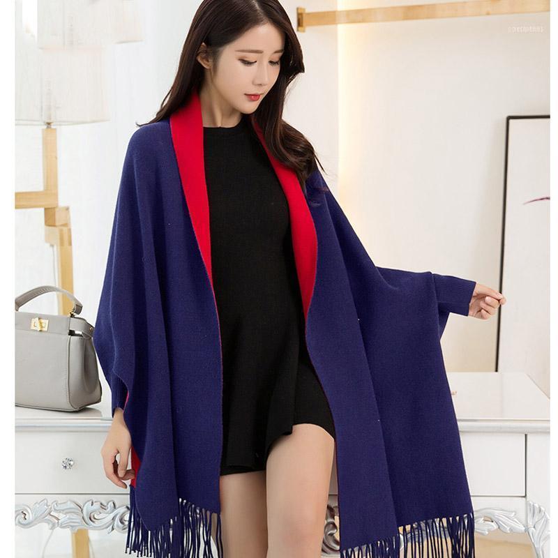 Scarves Women Navy Blue Poncho Capes 2021 Wearable Shawls And Wraps For Ladies Winter Warm Scarf Stoles Thick Reversible Poncho1