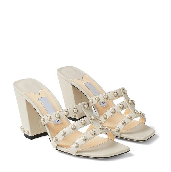 Luxury Design HAZAL Sandals Shoes Latte Nappa Caged Mules with Pearl Studs Slip On Party Wedding Dress High Heels EU35-43