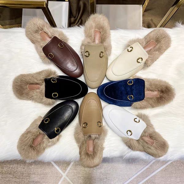 2021 Designer Women men Fur Slippers Princeton Loafers Genuine Leather mens scuffs Womens Chinese style embroidery Casual Flat Slipper with
