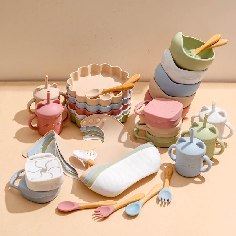 Cups, Dishes & Utensils 7Pcs-Set Baby Feeding Set Silicone Tableware Food Grade Snack Cup Bowl Bib Plate Fork Spoon BPA Free