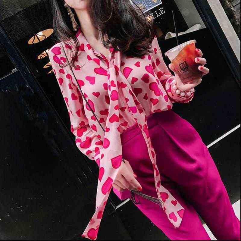 Fashion Womens Blouses Designer Sweety Bow Neck Fuchsia Heart Love Print Blouse Female Casual Office Lady Chiffon Shirts Floral Top