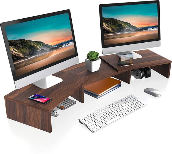 Dual Monitor Stand 3 Shelf Computer Laptop Stand Riser Desk Organizer for Home Office Use, Length and Angle Adjustable, Walnut Brown DT10800