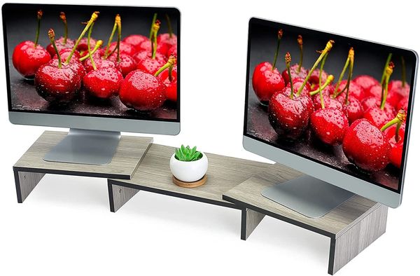 Wood Dual Monitor Stand Riser, 3 Shelf Screen Stand, Wood Desk Stand with Adjustable Length and Angle, Desktop Screen Riser with Storage Des