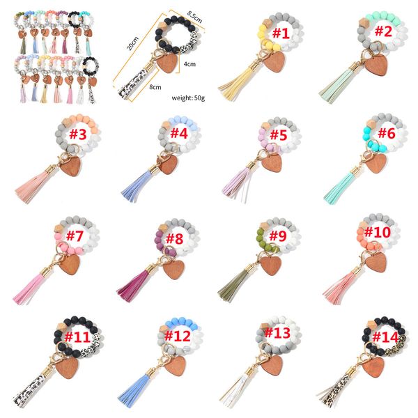 Colors Valentines 14 Day Love Wood Chip Silicone Bead Bracelet Keychain Party Favor Wristlet Key Chain Tassels Handchain Keys Ring FY3524 Ss