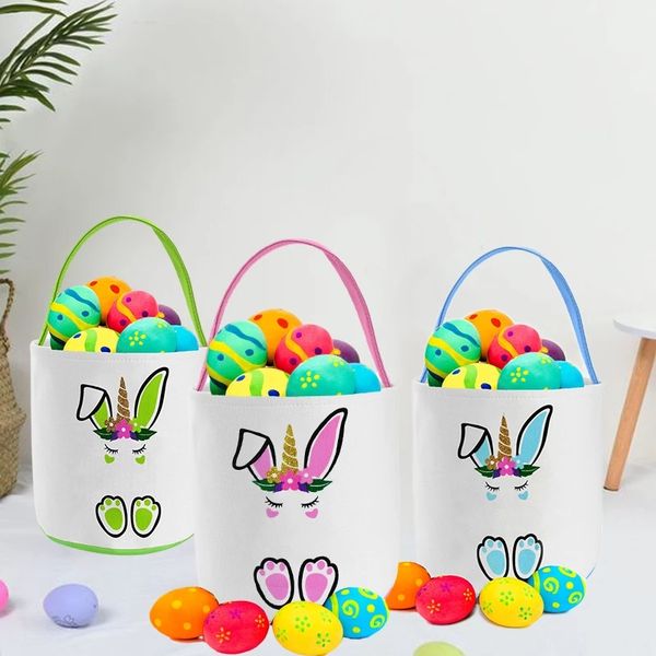 4 Colors Easter Bunny Basket Festive Canvas Bend Ear Rabbit Bucket Candy Toy Storage Bag For Festival Decor