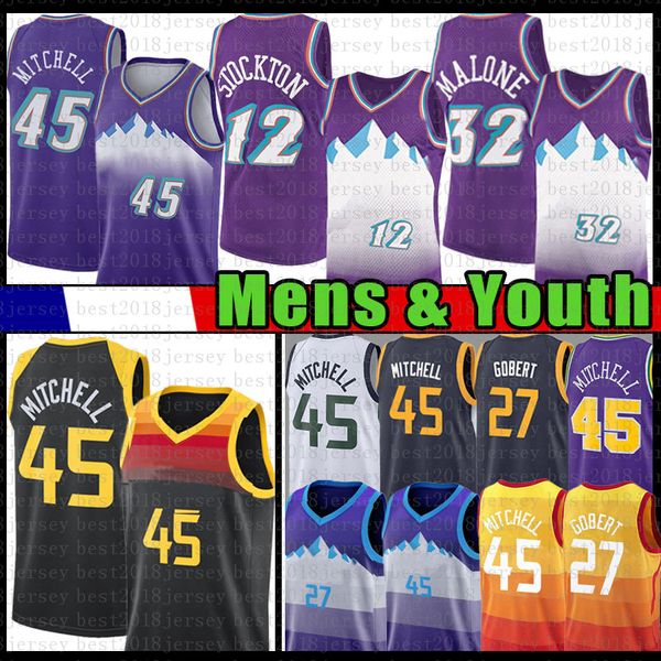 Donovan Mitchell Rudy Gobert Basketball Jersey John Stockton Karl Malone Mens Shirts Men&#039;s Youth Kid&#039;s Jerseys 45 27 12 32