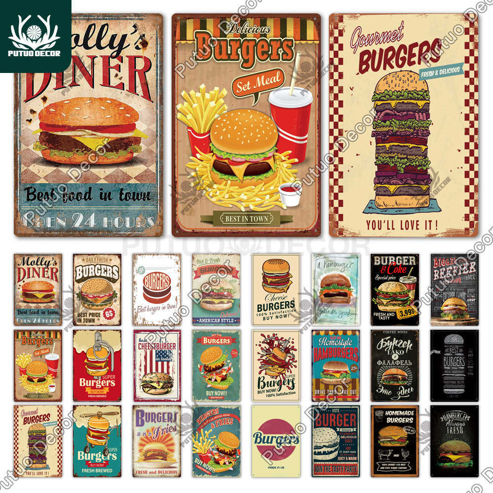 Hamburger Fast Food Plaque Metal Vintage Hamburger Tin Sign Restaurant Wall Decor for Kitchen Cafe Diner Bar Burger Metal Signs