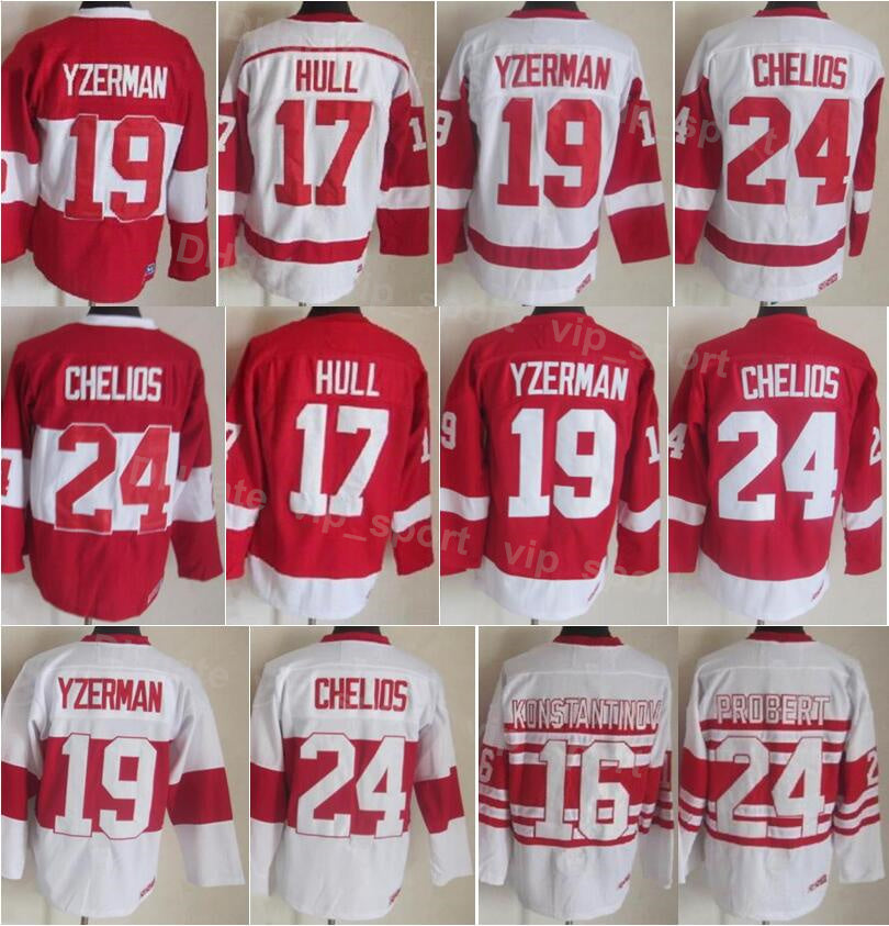 Men Ice Hockey Vintage Retro 24 Chris Chelios Jersey 16 Vladimir Konstantinov 17 Brett Hull 19 Steve Yzerman 91 Sergei Fedorov 75th Year Stitching R